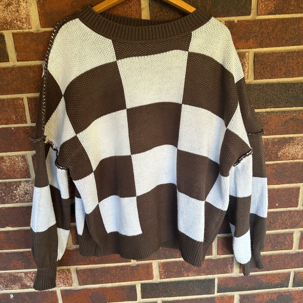 SHEIN Brown and White Checkered Sweater Size Large